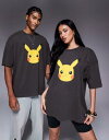 【送料無料】 エイソス レディース Tシャツ トップス ASOS DESIGN Pokemon Unisex oversized t-shirt with Pikachu prints in washed black WASHED BLACK