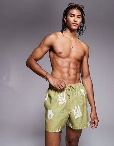 【送料無料】 エイソス メンズ ハーフパンツ・ショーツ 水着 ASOS DESIGN swim shorts in short length with plant print in green GREEN 【送料無料】 エイソス メンズ ハーフパンツ・ショーツ 水着 ASOS DESIGN swim shorts in short length with plant print in green GREEN