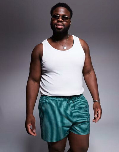 【送料無料】 エイソス メンズ ハーフパンツ・ショーツ 水着 ASOS DESIGN swim shorts in short length in green stripe with placement print GREEN