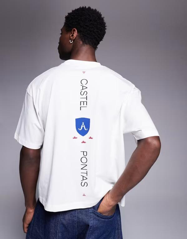 【送料無料】 エイソス メンズ Tシャツ トップス ASOS DESIGN boxy oversized t-shirt with text graphics in white Coconut milk