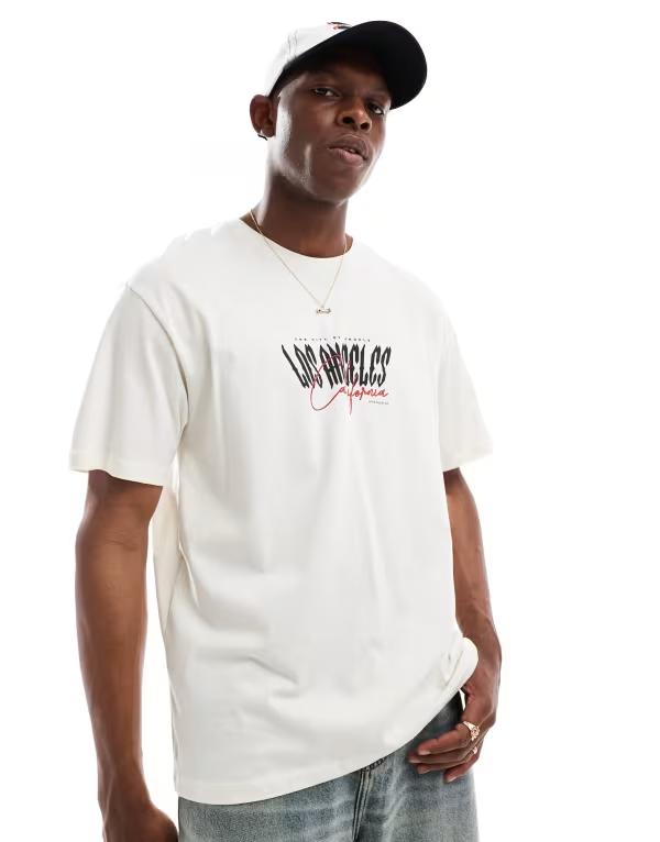 【送料無料】 ジャック アンド ジョーンズ メンズ Tシャツ トップス Jack & Jones oversized t-shirt with los angeles print in cream Egret