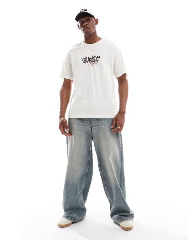 【送料無料】 ジャック アンド ジョーンズ メンズ Tシャツ トップス Jack & Jones oversized t-shirt with los angeles print in cream Egret