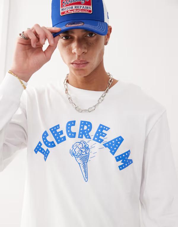 【送料無料】 アイスクリーム メンズ Tシャツ トップス ICECREAM cone print long sleeve t-shirt in white WHITEのサムネイル