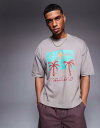 【送料無料】 エイソス メンズ Tシャツ トップス ASOS DESIGN boxy oversized t-shirt with palm tree graphic in brown Driftwood