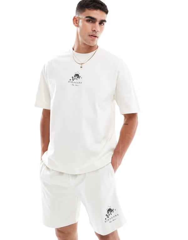 【送料無料】 リバーアイランド メンズ Tシャツ トップス River Island Japanese logo T-shirt and shorts set ECRU