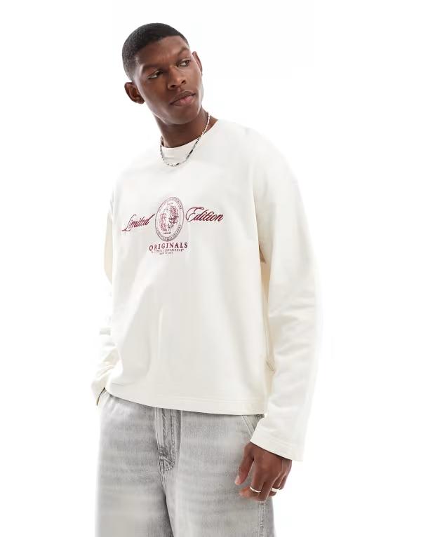 ジャック アンド ジョーンズ メンズ トップス Tシャツ 刺繍 ロゴ Jack & Jones heavyweight long sleeve T-shirt with embroidered logo in off-white Antique White ホワイト