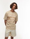【送料無料】 パルレ メンズ Tシャツ トップス Parlez solar stripe logo detail t-shirt in beige multi Multi