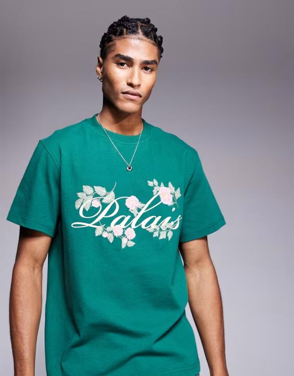 【送料無料】 リバーアイランド メンズ Tシャツ トップス River Island 'palais' embroidered oversized T-shirt in green GREEN