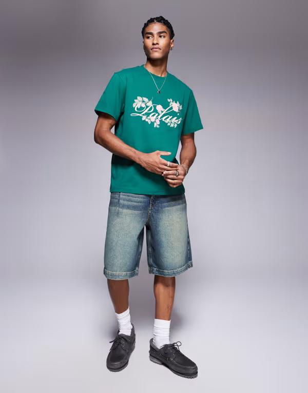 【送料無料】 リバーアイランド メンズ Tシャツ トップス River Island 'palais' embroidered oversized T-shirt in green GREEN