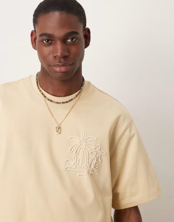 【送料無料】 マンゴ メンズ Tシャツ トップス Mango palm embroidered t-shirt in butter yellow Butter yellow