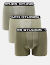 【送料無料】 エイソス メンズ トランクス アンダーウェア ASOS DESIGN 3 pack briefs with printed waistband in khaki Khaki