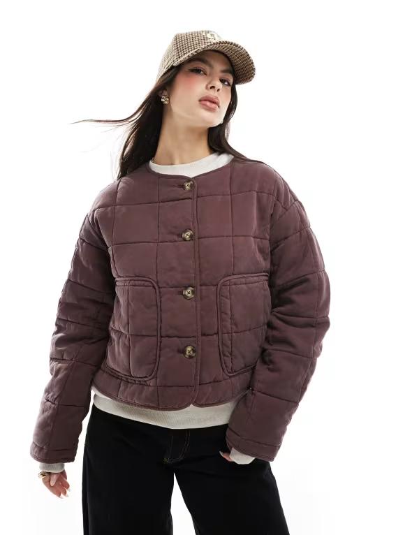 エイソス レディース アウター ジャケット・ブルゾン キルティング クロップド ジャケット ASOS DESIGN cropped collarless quilted jacket in chocolate Chocolate チョコレート