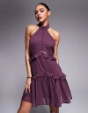 【送料無料】 エイソス レディース ワンピース トップス ASOS DESIGN lace insert halter tiered mini dress in aubergine Aubergine(4)