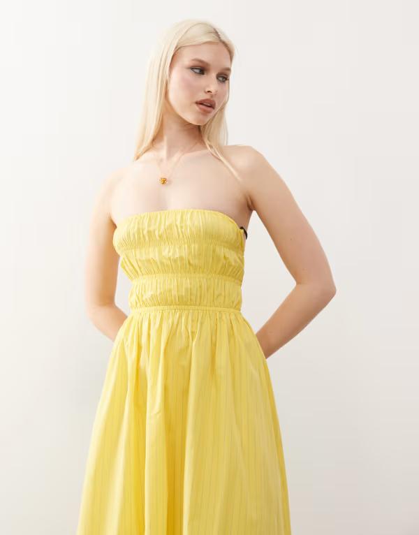 コルージョン レディース トップス ワンピース マキシワンピース ギャザー マキシ COLLUSION ruched thin straps maxi dress in yellow stripes YELLOW イエロー