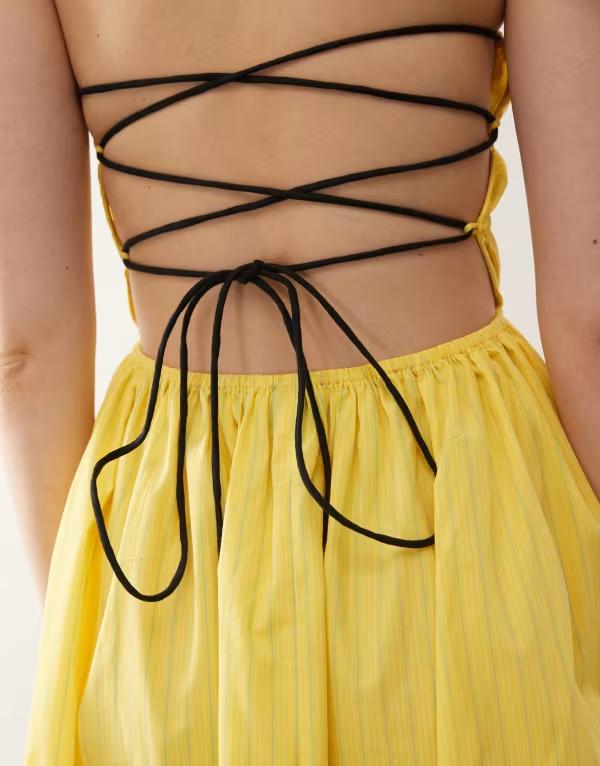 コルージョン レディース トップス ワンピース マキシワンピース ギャザー マキシ COLLUSION ruched thin straps maxi dress in yellow stripes YELLOW イエロー
