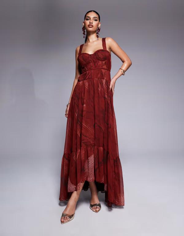 【送料無料】 エイソス レディース ワンピース トップス ASOS DESIGN plait detail maxi with bust cups in red abstract print Abstract print