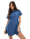 【送料無料】 エイソス レディース ワンピース トップス ASOS DESIGN soft denim drop waist mini dress with pleat in midwash blue MID BLUE