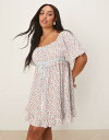 【送料無料】 エイソス レディース ワンピース トップス ASOS DESIGN Curve square neck puff sleeve mini smock dress in blue ditsy print Blue(4)