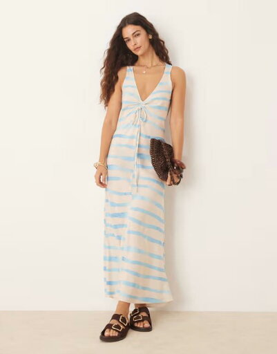 【送料無料】 エイソス レディース ワンピース トップス ASOS DESIGN v neck ruched tie midi dress in blue stripe print Blue stripe 【送料無料】 エイソス レディース ワンピース トップス ASOS DESIGN v neck ruched tie midi dress in blue stripe print Blue stripe