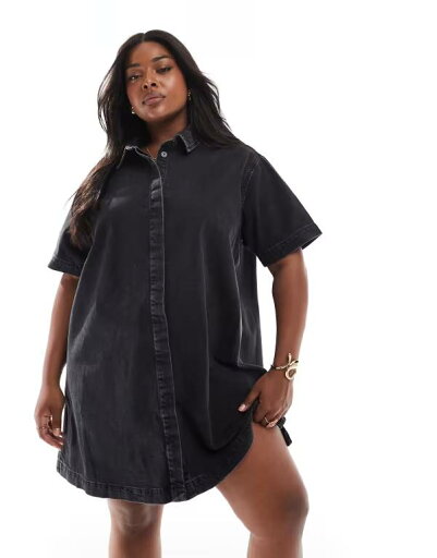【送料無料】 エイソス レディース ワンピース トップス ASOS DESIGN Curve short sleeve denim shirt dress in wash black Black 【送料無料】 エイソス レディース ワンピース トップス ASOS DESIGN Curve short sleeve denim shirt dress in wash black Black