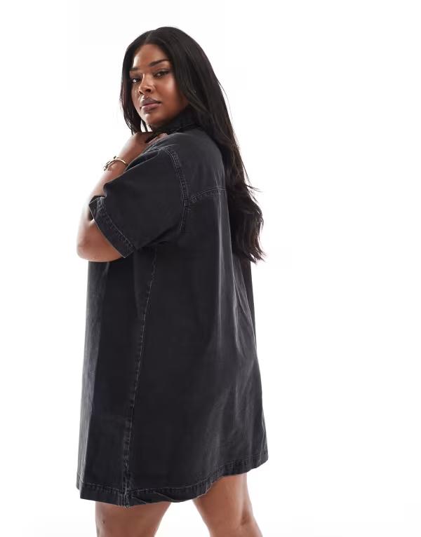 【送料無料】 エイソス レディース ワンピース トップス ASOS DESIGN Curve short sleeve denim shirt dress in wash black Black