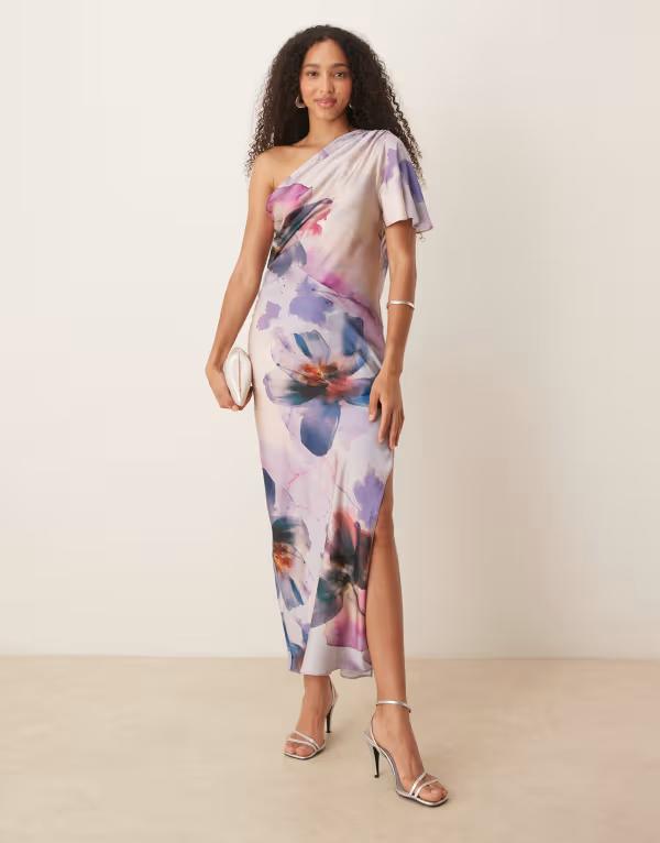 【送料無料】 エイソス レディース ワンピース トップス ASOS DESIGN satin one shoulder flutter sleeve midi dress in painted floral PINK BLUE FLORAL