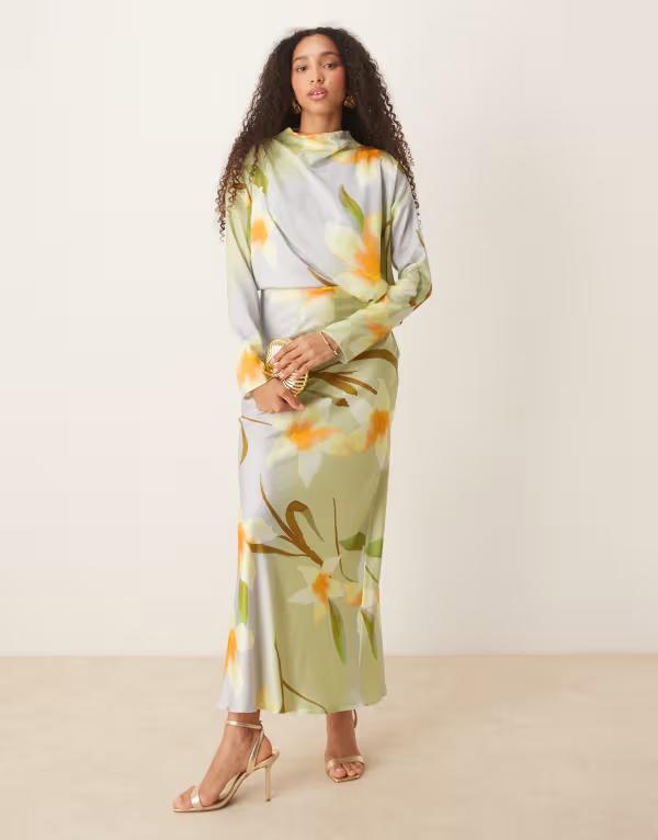 エイソス レディース トップス ワンピース Floral Print ASOS DESIGN high neck bias cut satin maxi dress with sleeve details in yellow floral print