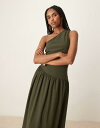 【送料無料】 マンゴ レディース ワンピース トップス Mango one shoulder drop waist maxi dress with soft bubble hem in khaki Khaki