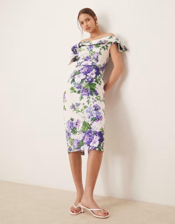 【送料無料】 ホープ＆アイビー レディース ワンピース トップス Hope & Ivy bardot sleeve midi pencil dress in white and purple Purple multi