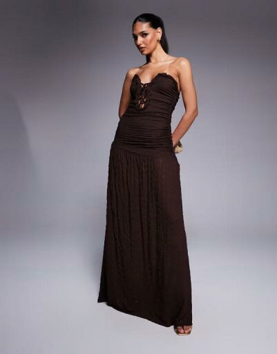 【送料無料】 エイソス レディース ワンピース トップス ASOS DESIGN textured bandeau maxi dress with curved trim and lace up detail in chocolate Chocolate 【送料無料】 エイソス レディース ワンピース トップス ASOS DESIGN textured bandeau maxi dress with curved trim and lace up detail in chocolate Chocolate