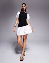 【送料無料】 エイソス レディース ワンピース トップス ASOS DESIGN monochrome poplin mix mini dress with puff sleeve in black Black