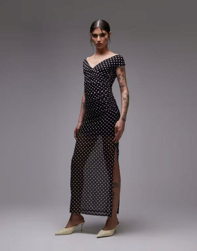 【送料無料】 エイソス レディース ワンピース トップス ASOS DESIGN mesh wrap maxi dress in black polka dot Black Polka Dot 【送料無料】 エイソス レディース ワンピース トップス ASOS DESIGN mesh wrap maxi dress in black polka dot Black Polka Dot