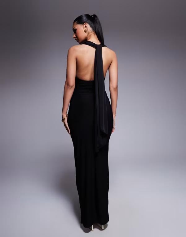 【送料無料】 ファッションキラ レディース ワンピース トップス Fashionkilla double sculpted slinky open back knot detail maxi dress in black Black