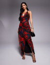 【送料無料】 エイソス レディース ワンピース トップス ASOS DESIGN mesh plunge halter midi dress with wrap skirt in abstract red and blue print Blurred print