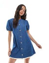 【送料無料】 エイソス レディース ワンピース トップス ASOS DESIGN denim mini dress with puff sleeve and broderie trim in mid blue Blue