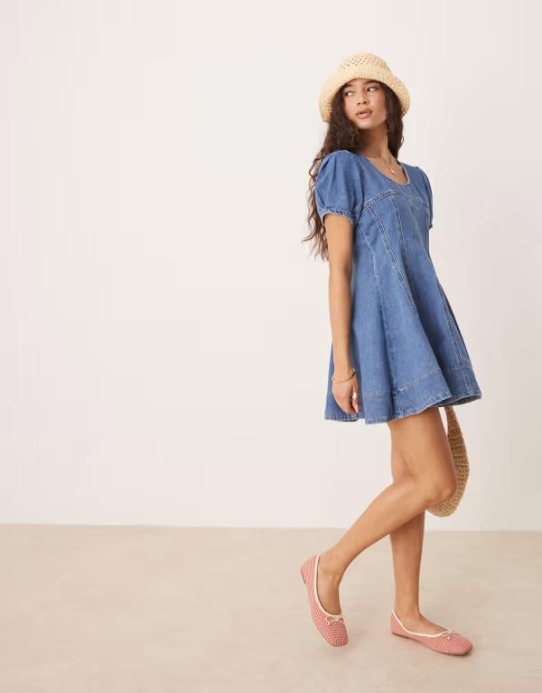エイソス レディース トップス ワンピース ミニワンピース ミニ デニム ASOS DESIGN denim short sleeve mini dress with seamed detail in mid-wash MID BLUE ブルー