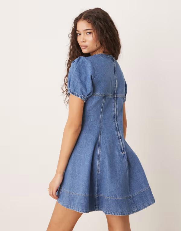 エイソス レディース トップス ワンピース ミニワンピース ミニ デニム ASOS DESIGN denim short sleeve mini dress with seamed detail in mid-wash MID BLUE ブルー
