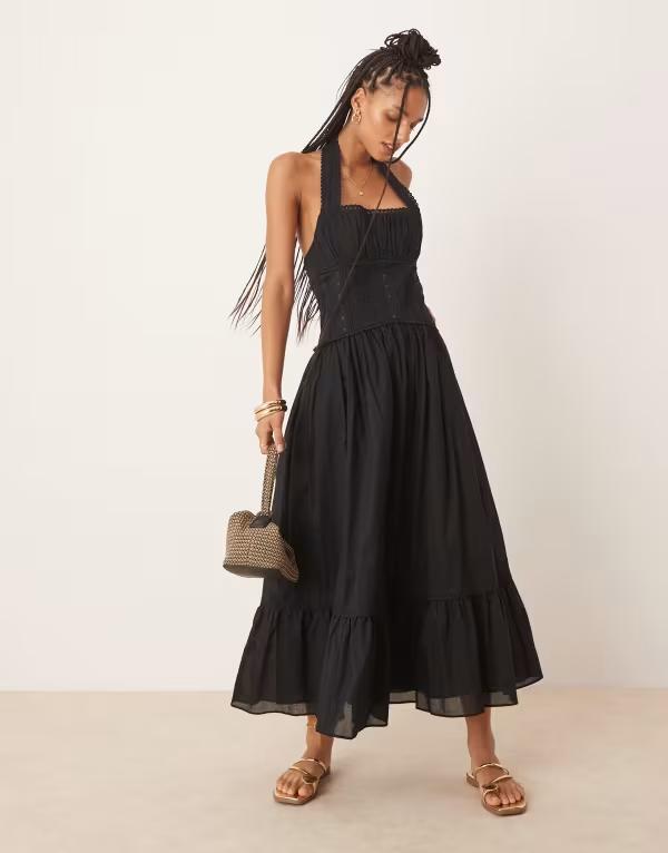 【送料無料】 エイソス レディース ワンピース トップス ASOS DESIGN halter neck lace prairie dress with pintucks in black Black