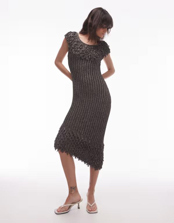 【送料無料】 アンドアザーストーリーズ レディース ワンピース トップス & Other Stories knit midi dress with fringed neckline and hem in metallic gray Metallic gray