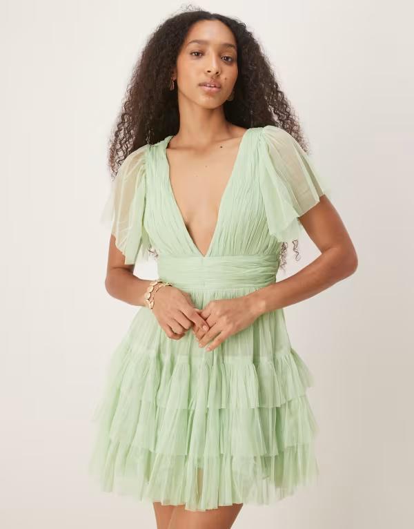 【送料無料】 レース アンド ビーズ レディース ワンピース トップス Lace & Beads Madison v-neck tulle mini dress in sage SAGE