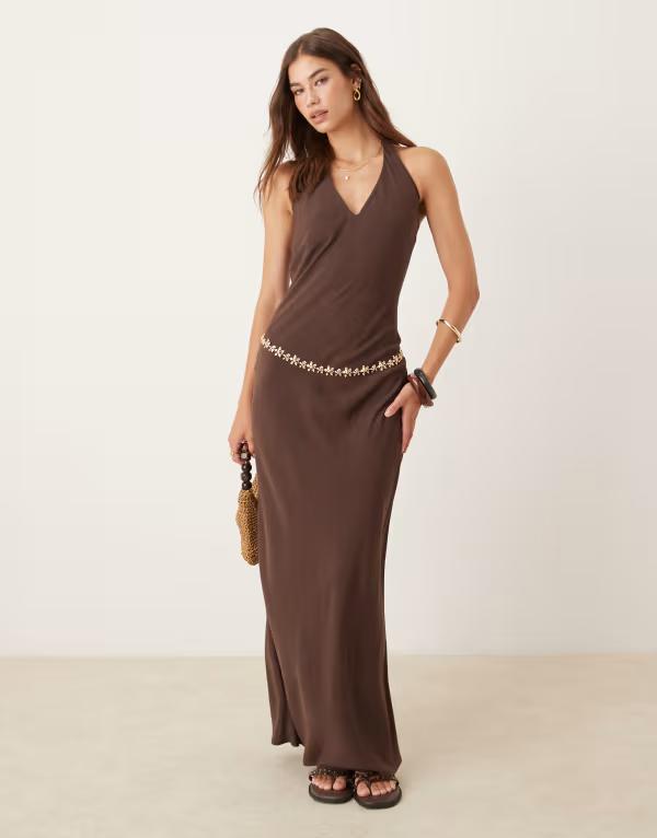 エイソス レディース トップス ワンピース マキシワンピース リネン マキシ ホルター ASOS DESIGN linen blend halter maxi dress in chocolate Chocolate チョコレート
