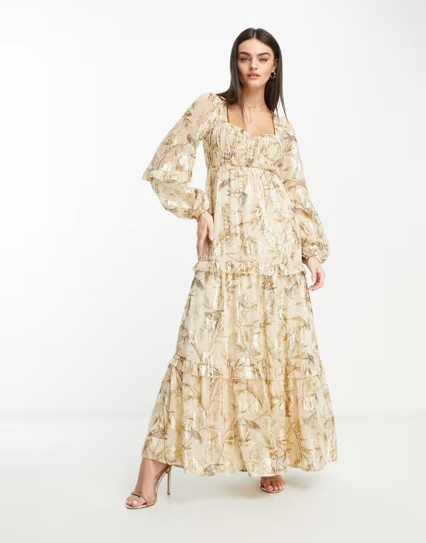 【送料無料】 エイソス レディース ワンピース トップス ASOS DESIGN sweetheart neck pleated maxi dress with frills in printed floral metallic jacquard Floral Print