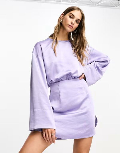 【送料無料】 エイソス レディース ワンピース トップス ASOS DESIGN satin crew neck mini dress with dolphin hem and deep cuffs in lilac LILAC 【送料無料】 エイソス レディース ワンピース トップス ASOS DESIGN satin crew neck mini dress with dolphin hem and deep cuffs in lilac LILAC