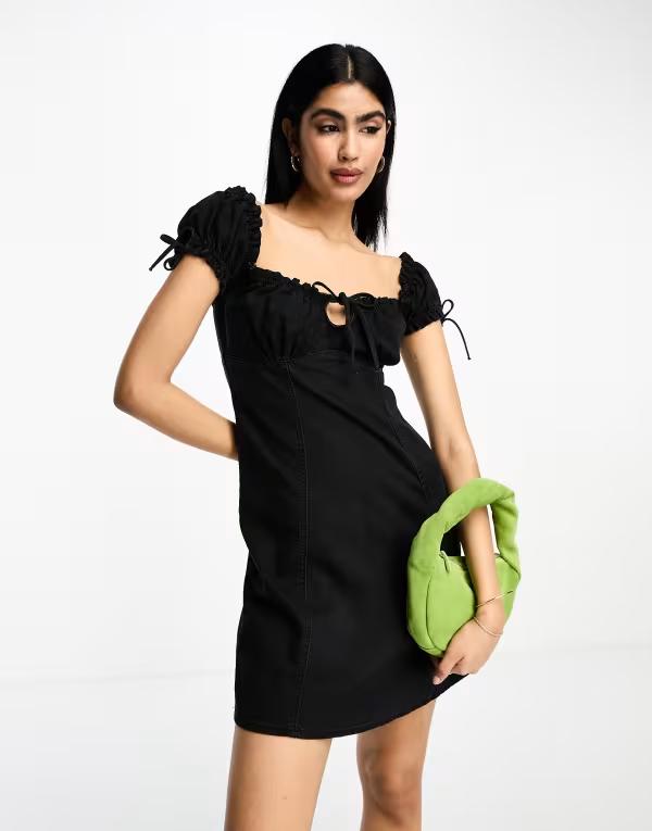 エイソス レディース トップス ワンピース ミニワンピース ギャザー ミニ デニム ASOS DESIGN soft denim mini dress with ruched sleeves Black ブラック(4)