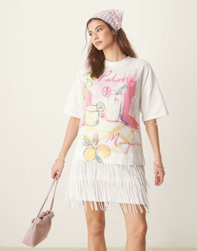 【送料無料】 エイソス レディース ワンピース トップス ASOS DESIGN printed t-shirt mini dress with fringe detail WHITE 【送料無料】 エイソス レディース ワンピース トップス ASOS DESIGN printed t-shirt mini dress with fringe detail WHITE