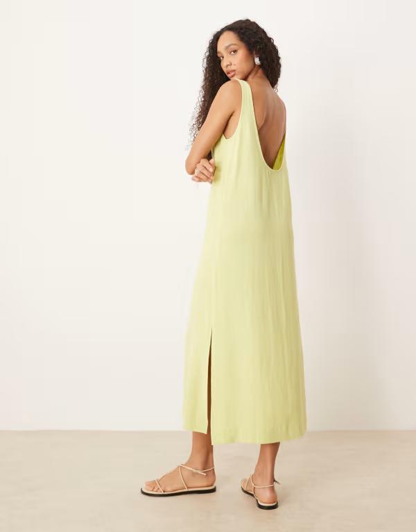 エイソス レディース トップス ワンピース ミディワンピース ミディ リネン ASOS DESIGN scoop neck linen mix midi dress in washed lime Washed lime ライム(4)