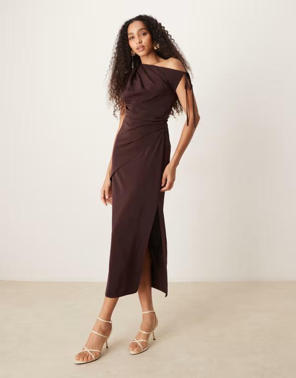 エイソス レディース トップス ワンピース タイディテール ミディワンピース ミディ ASOS DESIGN fallen shoulder tie detail slinky midi dress in chocolate Chocolate チョコレート
