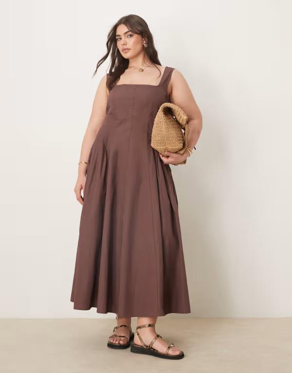 エイソス レディース トップス ワンピース ミディワンピース ミディ ASOS Curve ASOS DESIGN Curve scoop neck pleat waist midi dress in chocolate Chocolate チョコレート