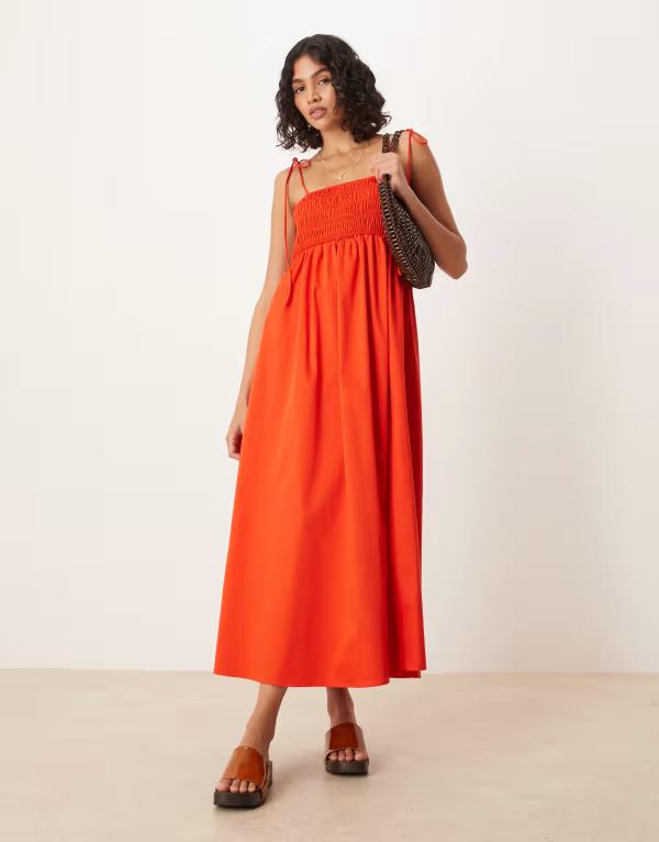 【送料無料】 エイソス レディース ワンピース トップス ASOS DESIGN shirred bust cotton poplin midi dress in red Red