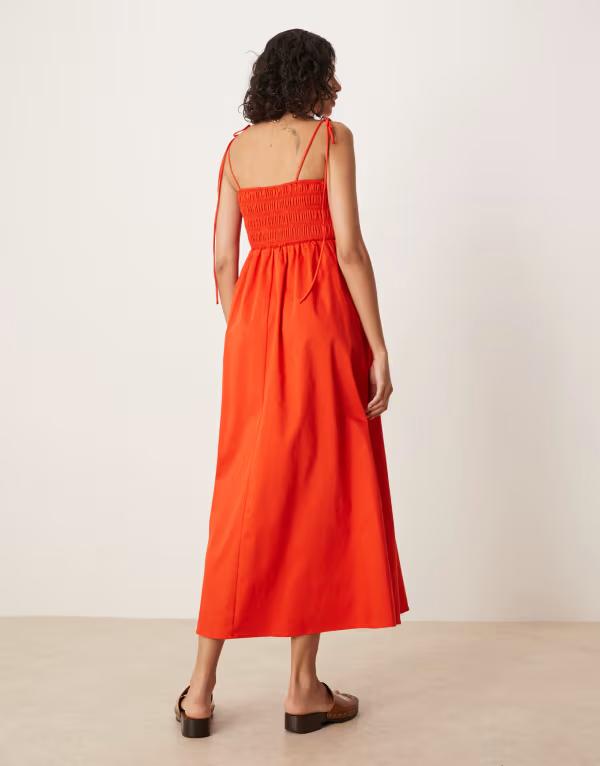 【送料無料】 エイソス レディース ワンピース トップス ASOS DESIGN shirred bust cotton poplin midi dress in red Red
